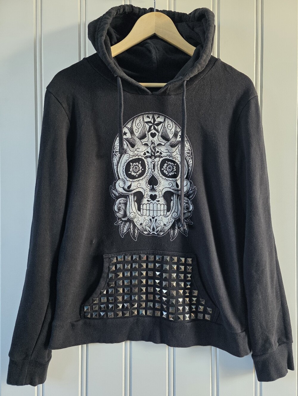 Iron Fist Sugar Skull Day Of The Dead Goth Skull Metal Stud Hoodie Womens XL